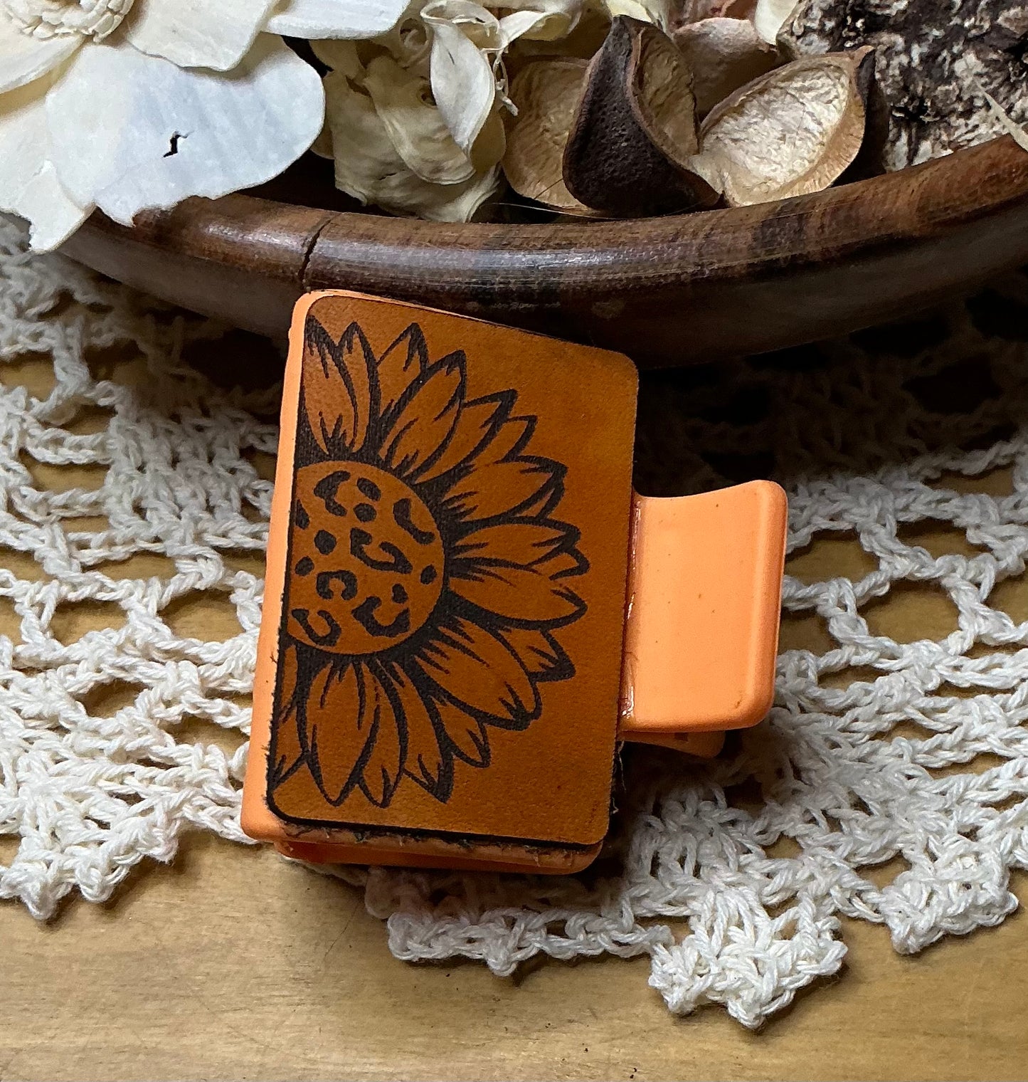 Sunflower Engraved Leather Hair Clip - Small 2"