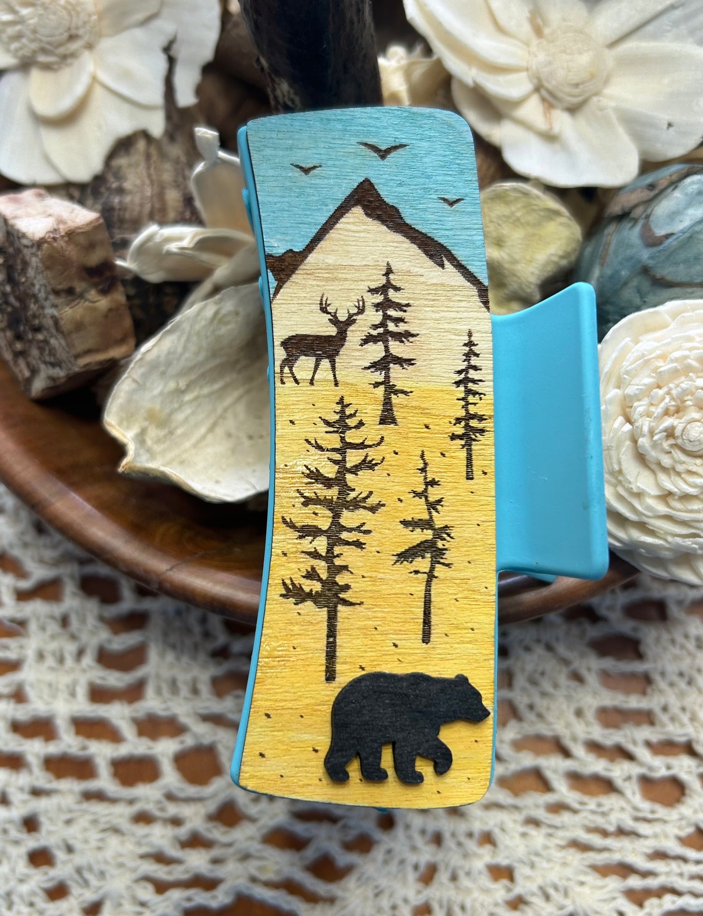 Wooden 3D Bear & Deer Scene Hair Claw Clip – 4"