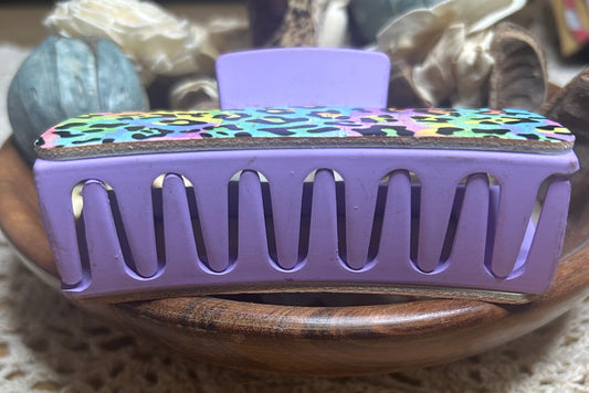 Rainbow Paint Splash Animal Print Leather Hair Claw Clip – 4"