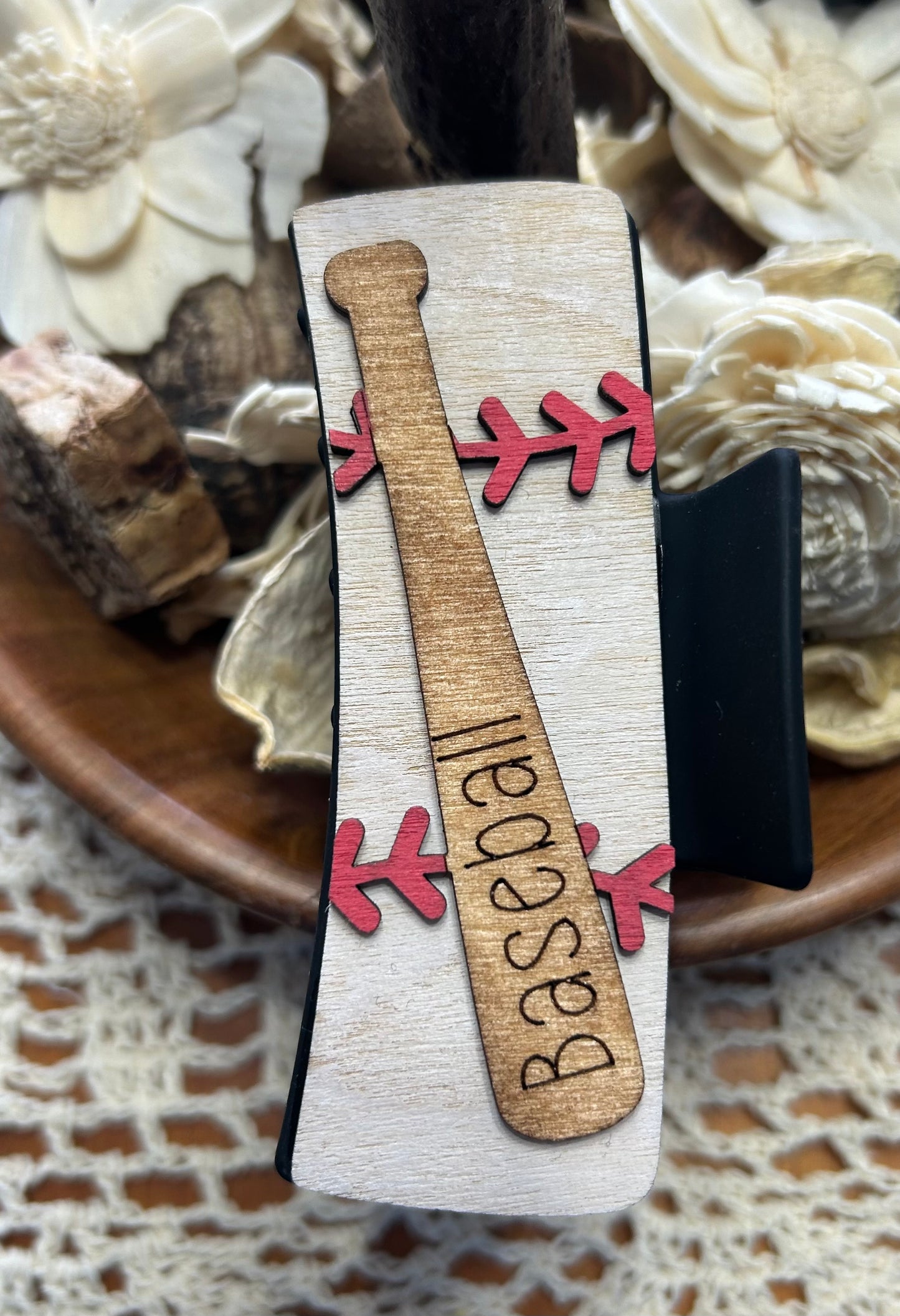 Wooden 3D Baseball Hair Claw Clip – 4"