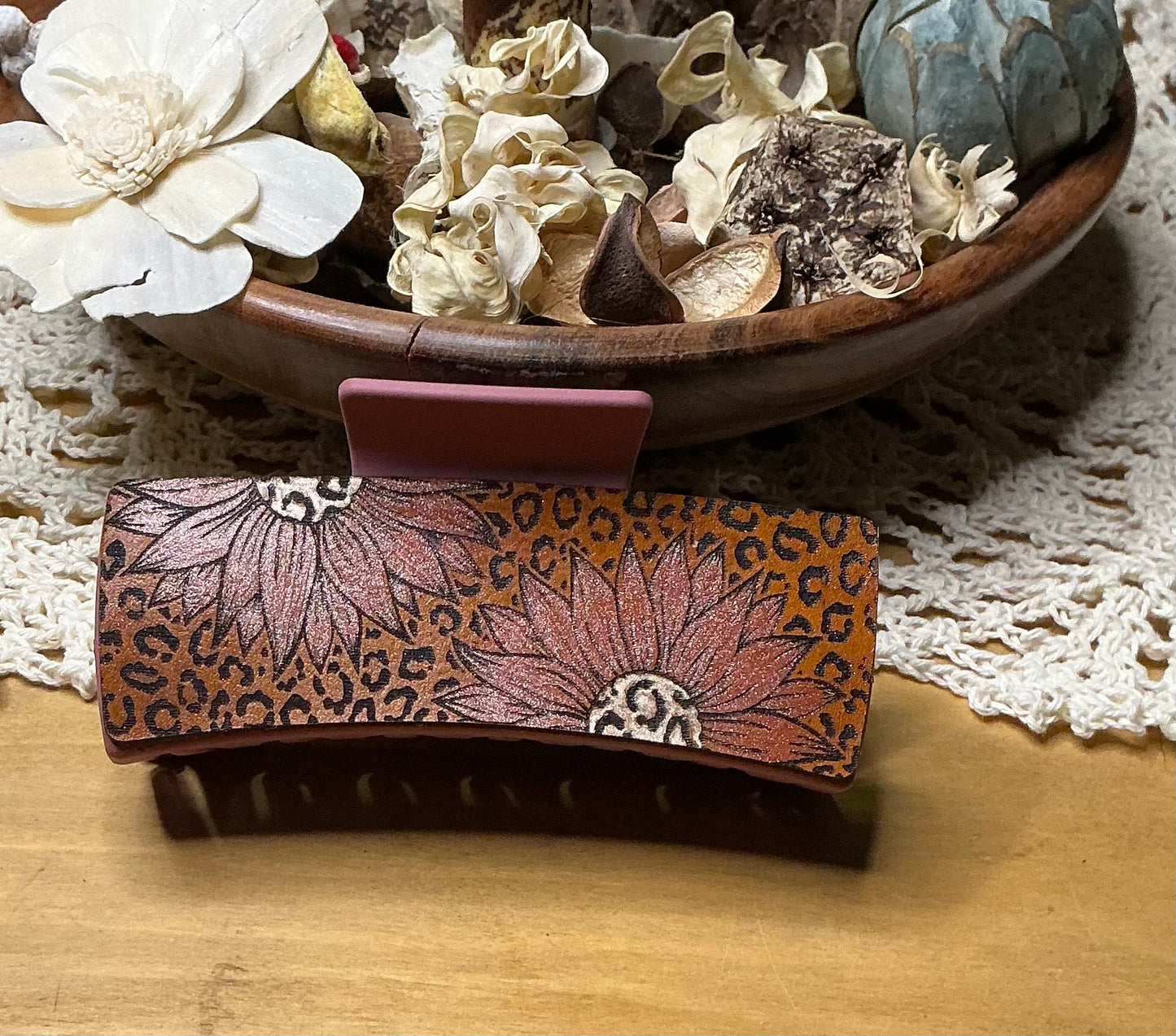 Sunflower and Cheetah Print Leather Engraved Hand Painted Claw Clip - Large 4"