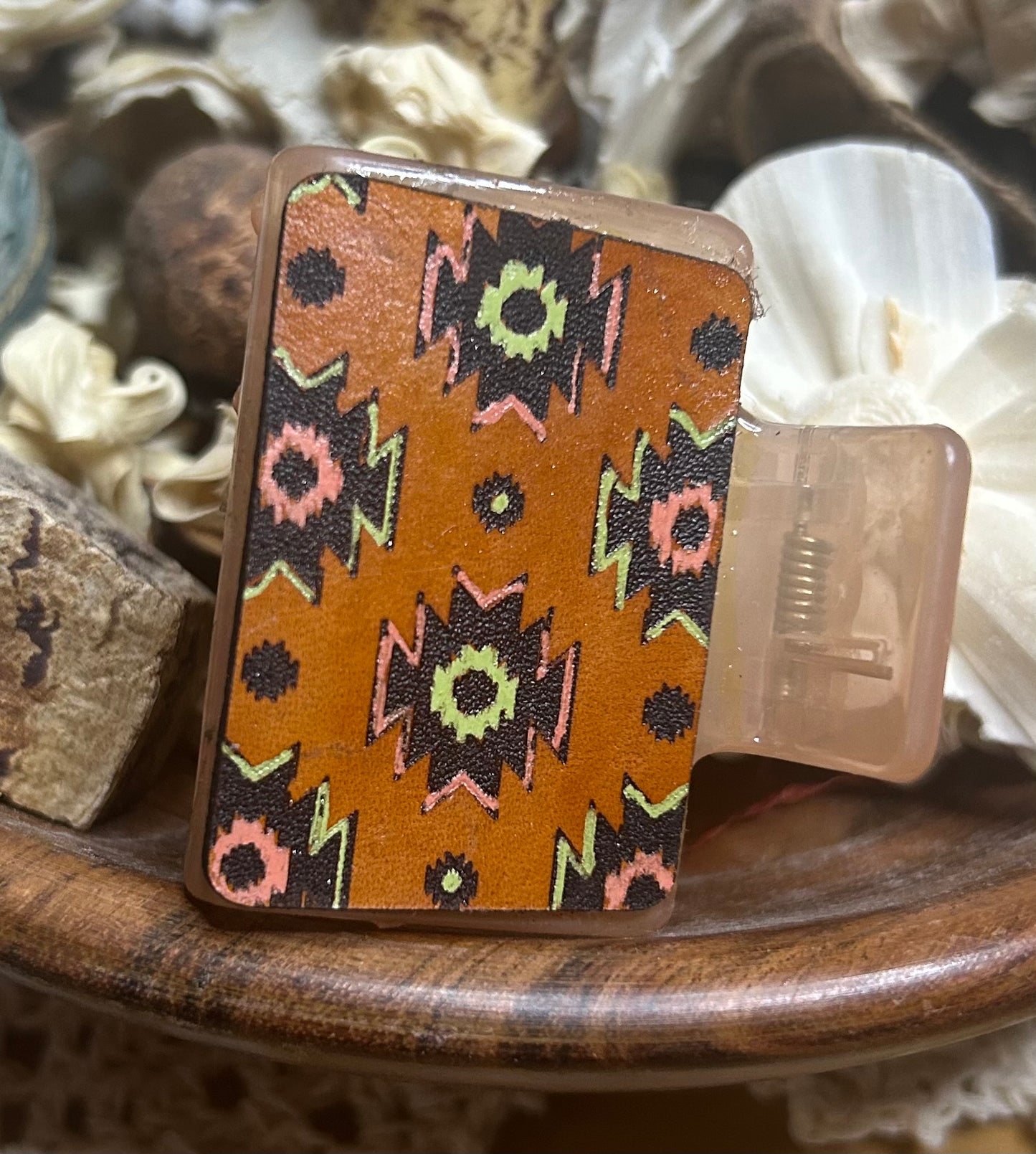 Boho Aztec Print Leather Hair Claw Clip – Small 2"