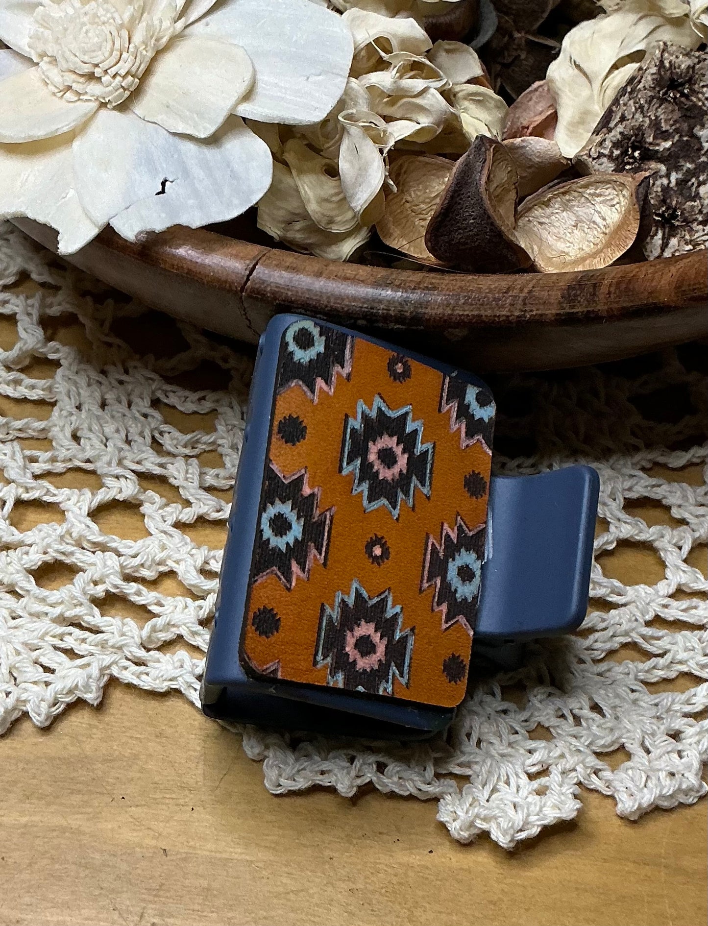 Aztec Engraved Leather Hand Painted Hair Clip - Small 2"