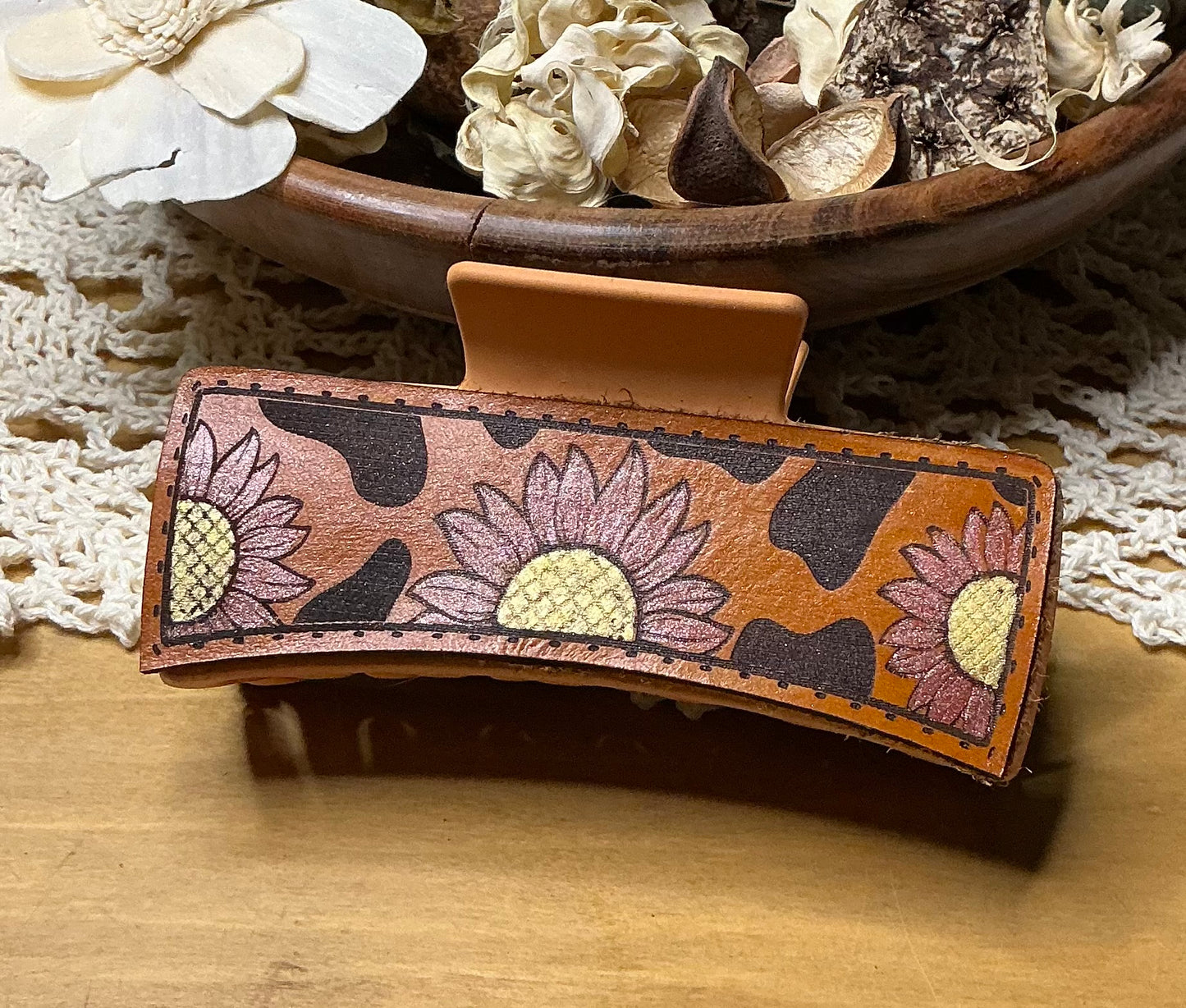 Cow Print and Sunflower Leather Engraved Hand Painted Claw Clip - Large 4"