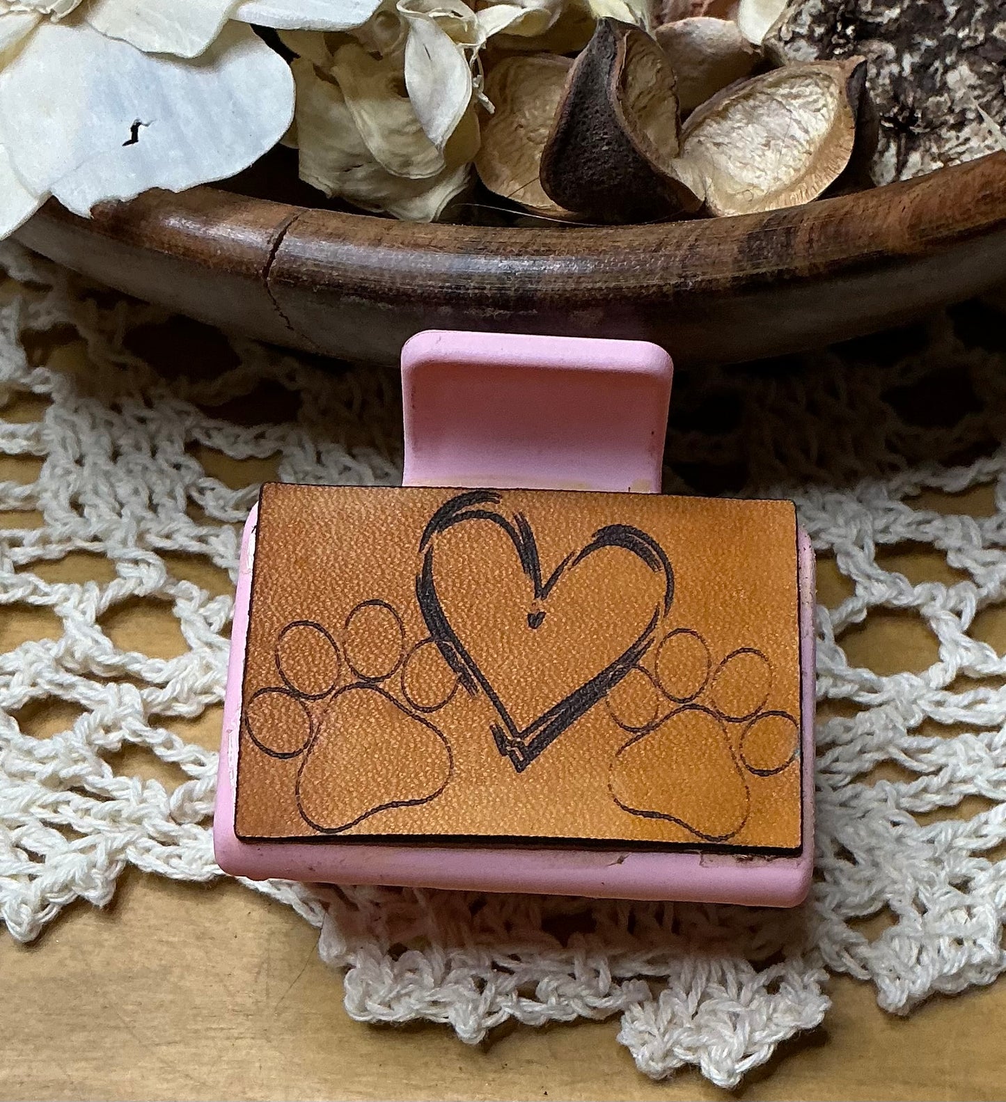 Paw Prints and Heart Leather Hair Clip - Small 2"