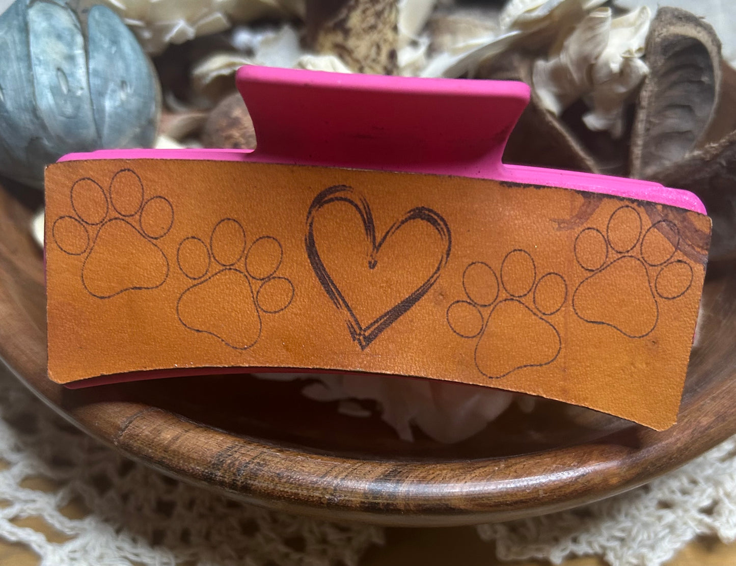 Paw Print and Heart Pink Leather Hair Claw Clip – 4" (Blemished)
