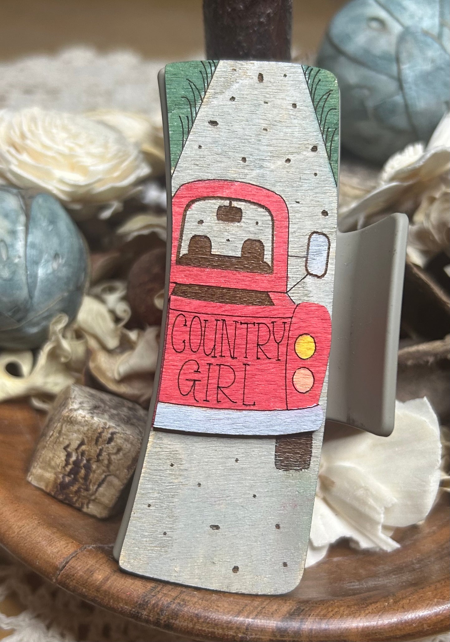 Country Girl Little Red Truck Wooden 3D Hair Clip – 4"