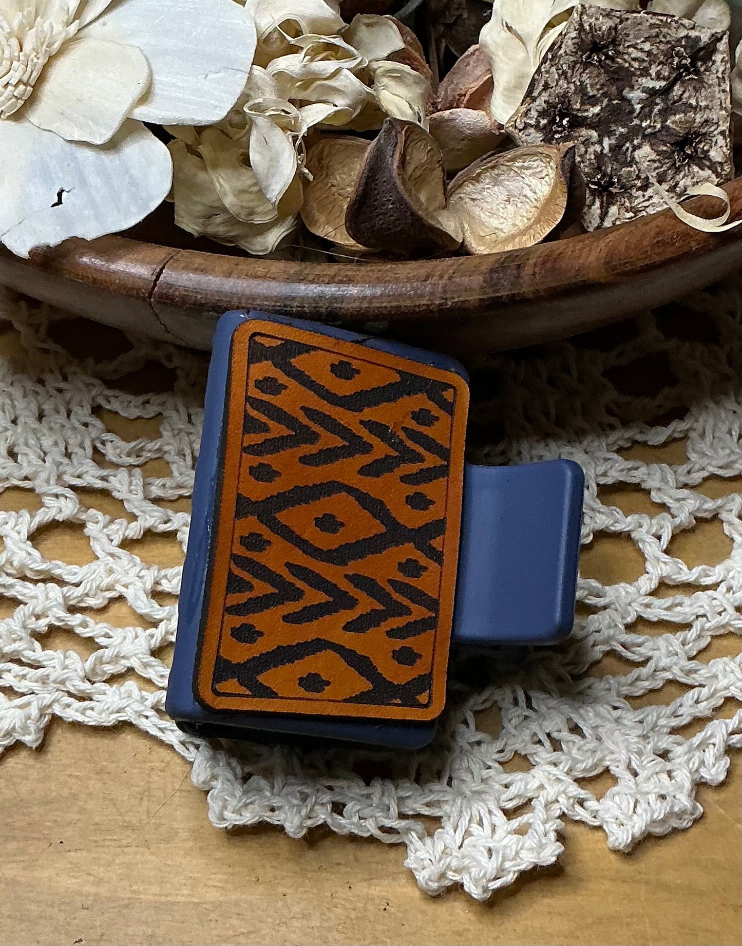 Geometric Pattern Engraved Leather Hair Clip - Small 2"