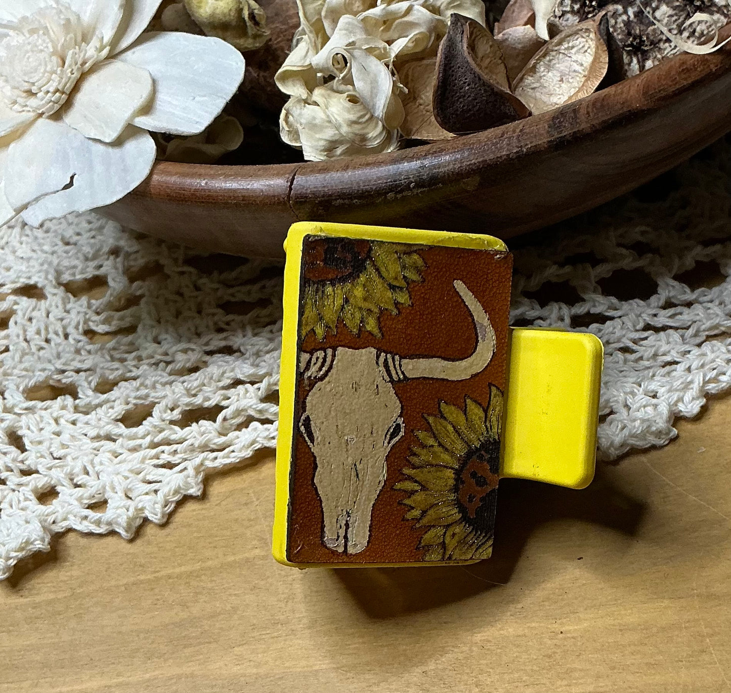 Bull Skull and Sunflower Leather Hand Painted Hair Clip - Small 2"