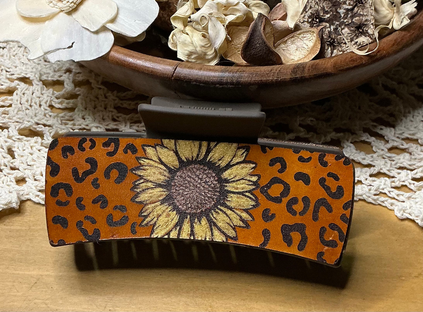Sunflower and Cheetah Print Leather Engraved Hand Painted Brown Claw Clip - Large 4"