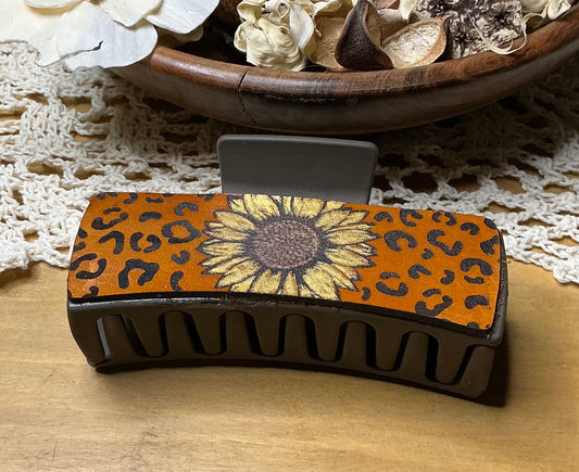 Sunflower and Cheetah Print Leather Engraved Hand Painted Brown Claw Clip - Large 4"