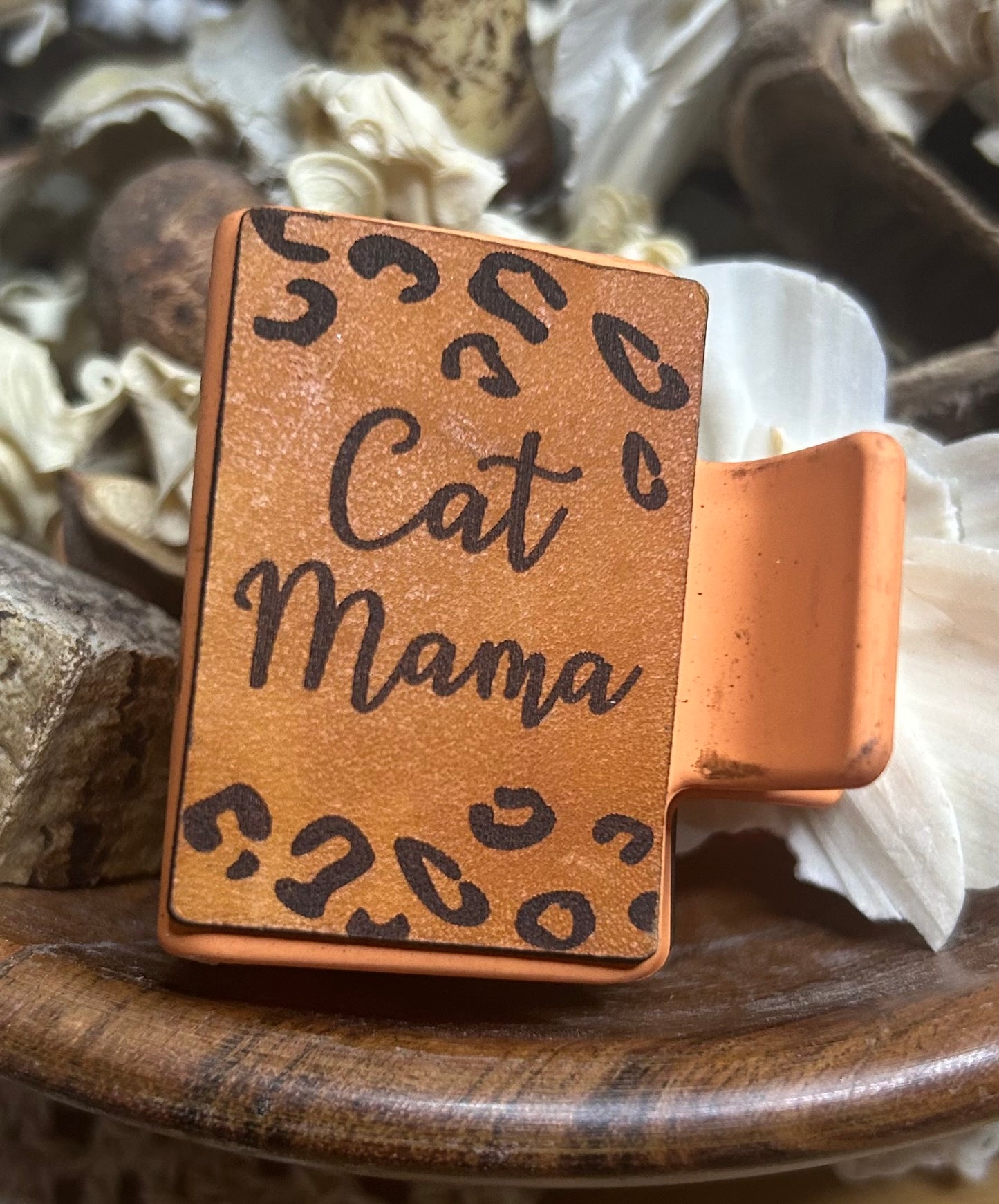 Animal Print “Cat Mama” Leather Hair Claw Clip – Small 2"
