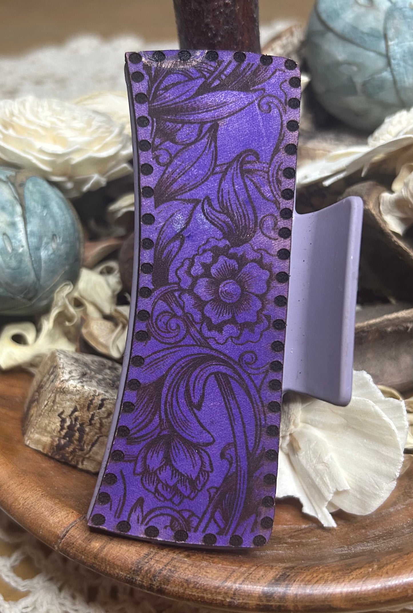 Purple Tooled Look Leather Hair Claw Clip – 4"