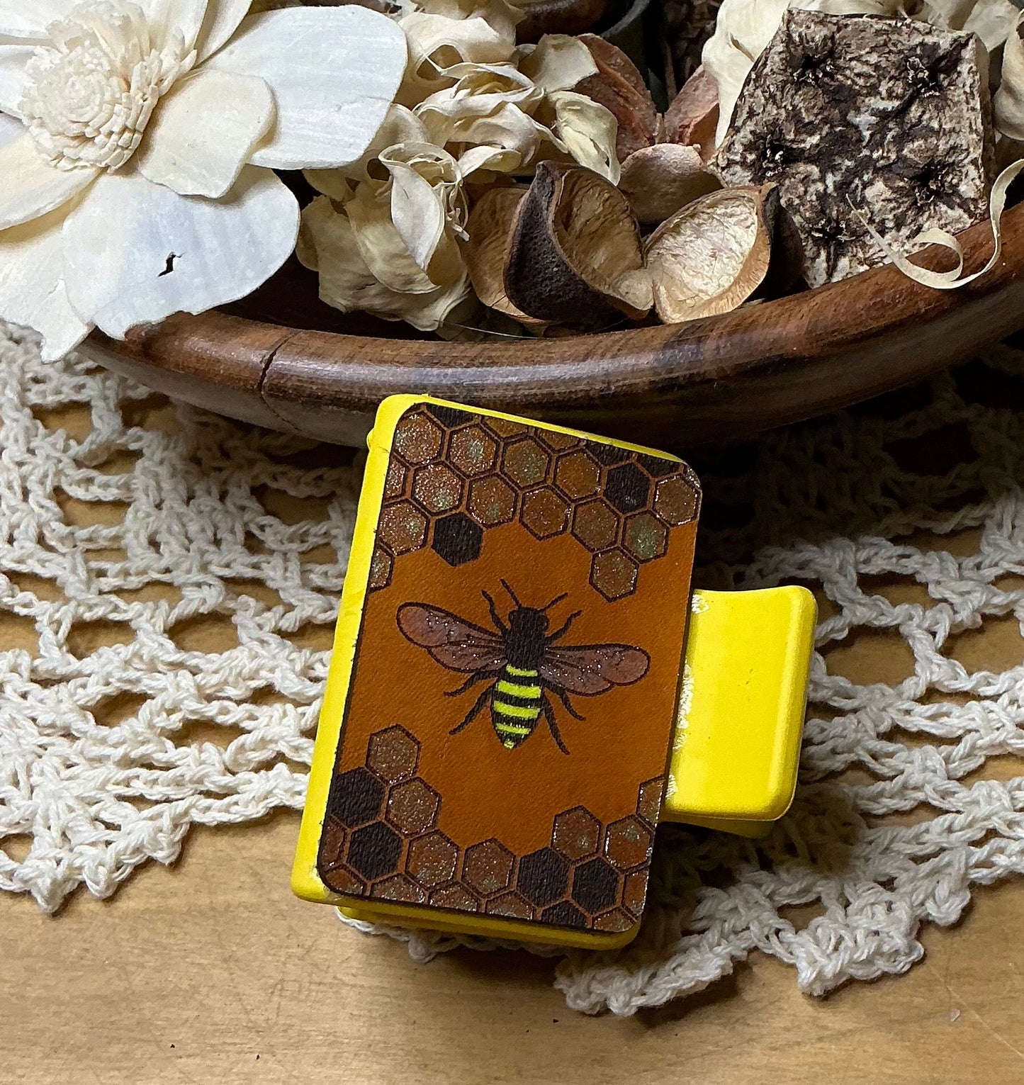 Honeycomb Bee Engraved Leather Hand Painted Hair Clip - Small 2"