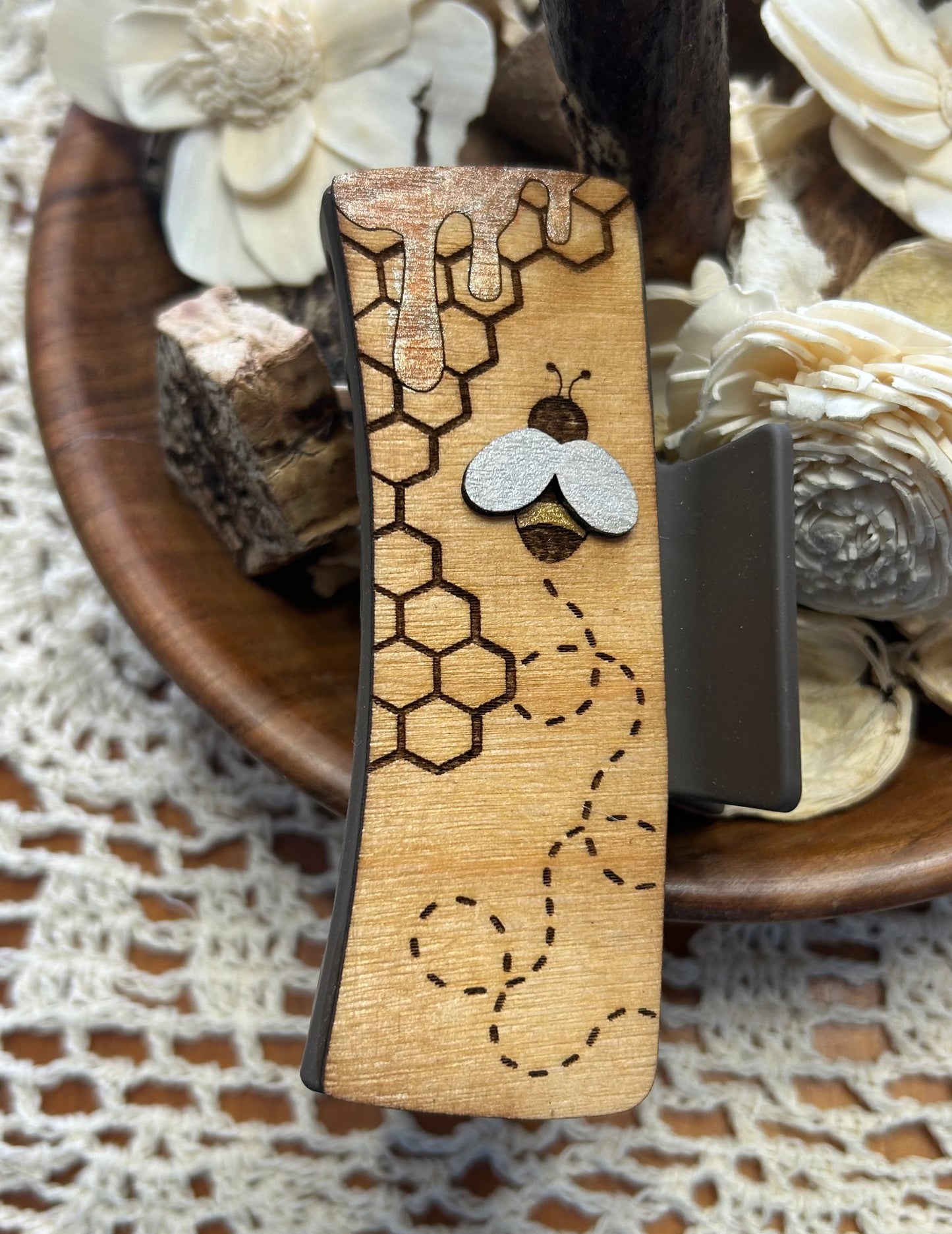 Wooden 3D Bee & Honeycomb Hair Claw Clip – 4"