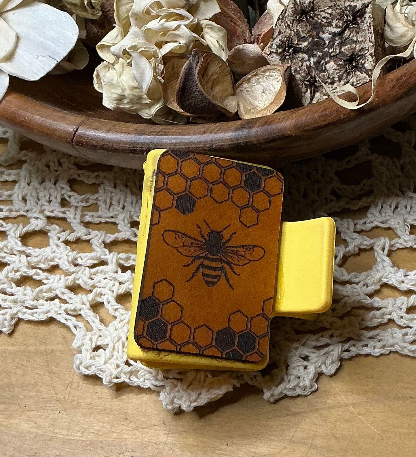 Honeycomb Bee Leather Hair Clip - Small 2" Yellow