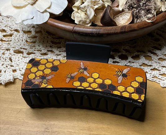 Honeycomb and Bee Engraved Hand Painted Claw Clip - Large 4"