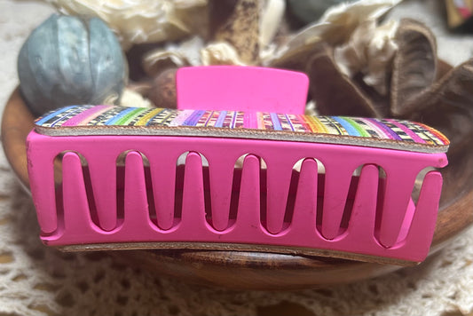 Colorful Serape and Animal Print Leather Hair Claw Clip – 4" pink
