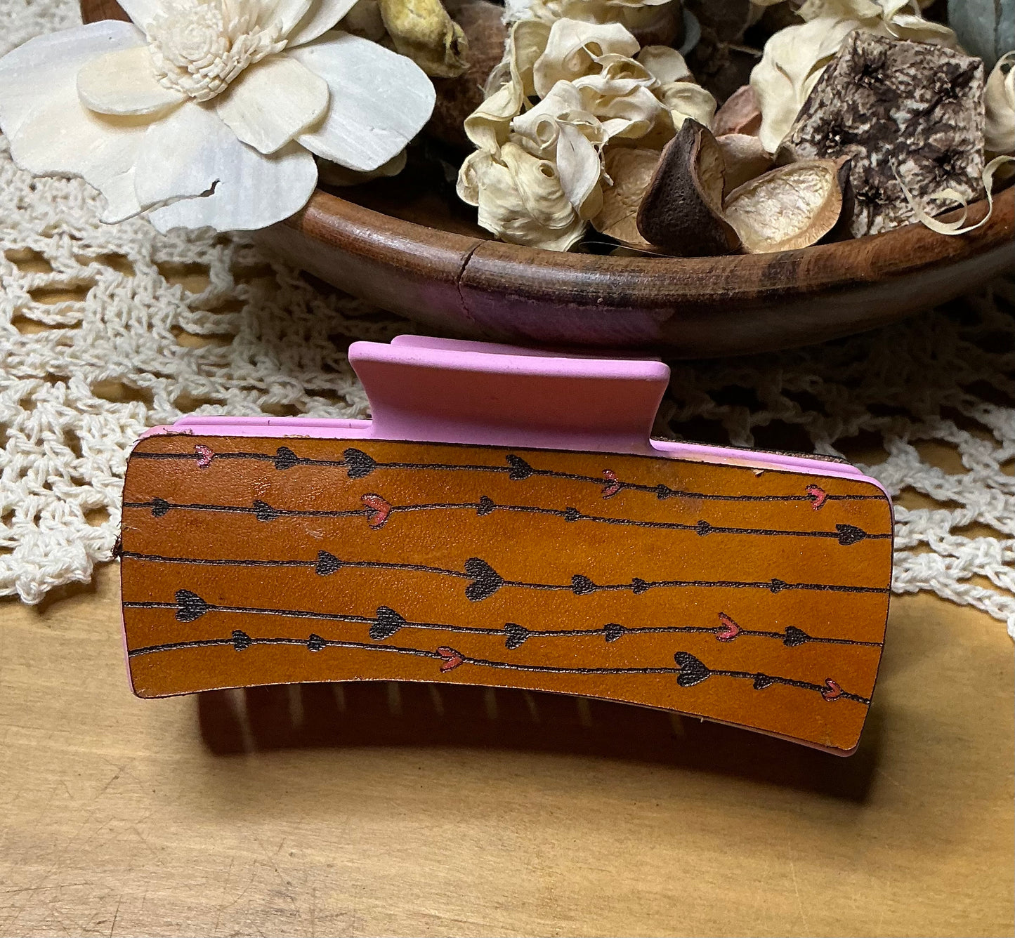 String of Hearts Leather Engraved Hand Painted Claw Clip - Large 4"