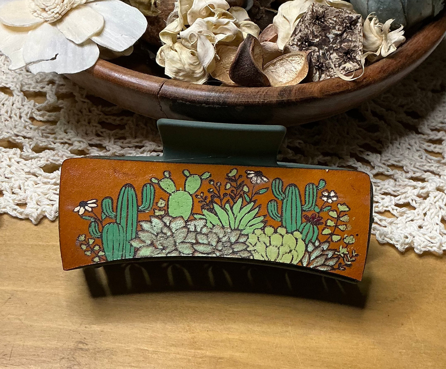Succulents and Cactus Leather Engraved Hand Painted Claw Clip - Large 4"