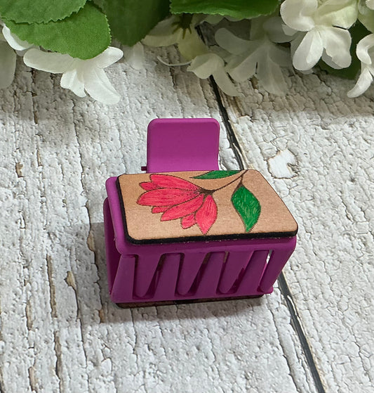 Pink Flower Hair Claw Clip Leather - Small 2"
