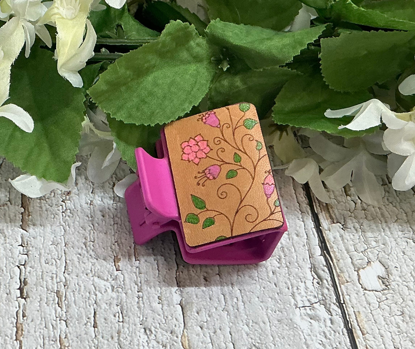 Pink Floral Leather Hair Claw Clip - Small 2"