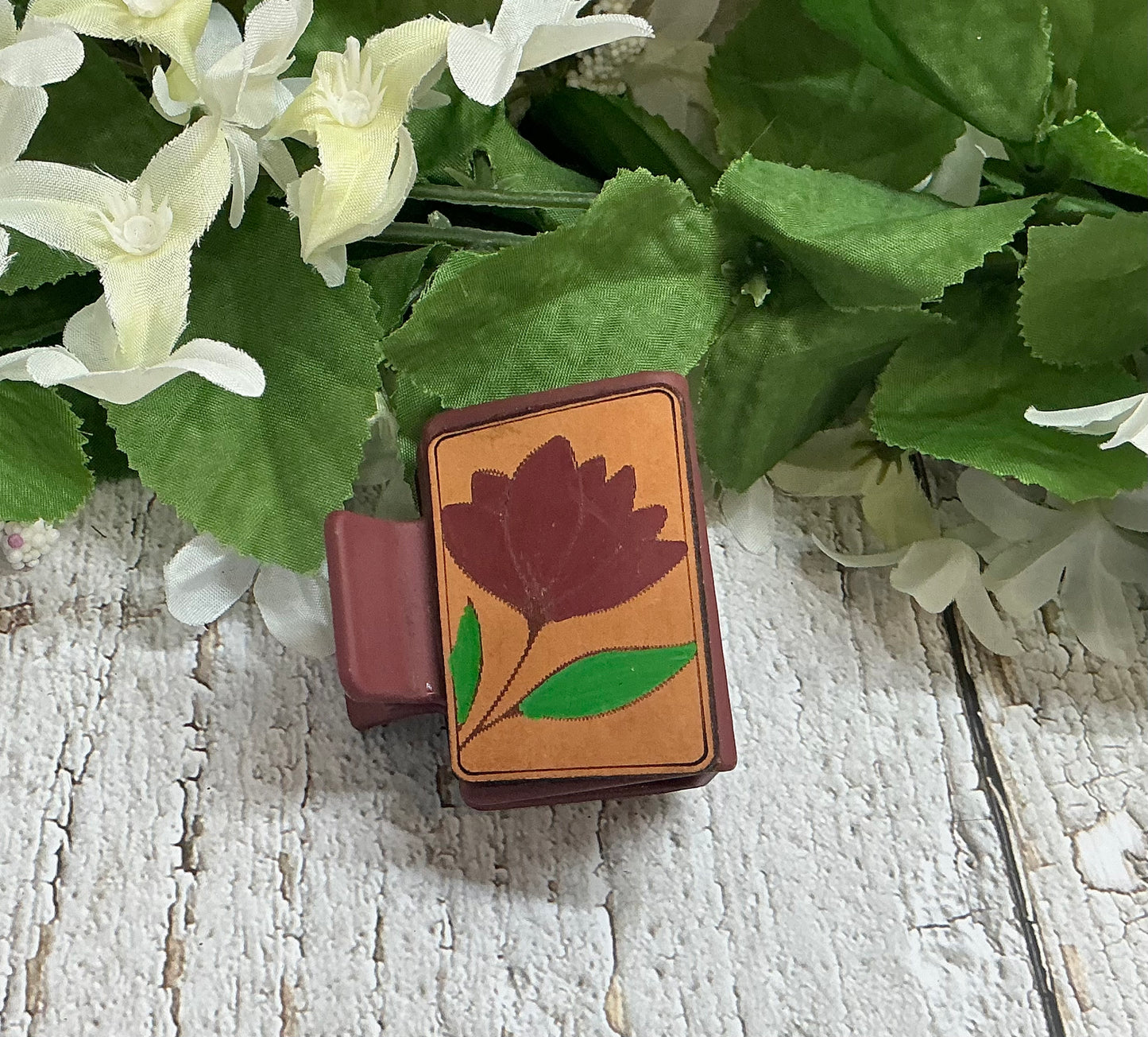 Burgundy Flower Leather Hair Claw Clip - Small 2"