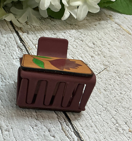 Burgundy Flower Leather Hair Claw Clip - Small 2"