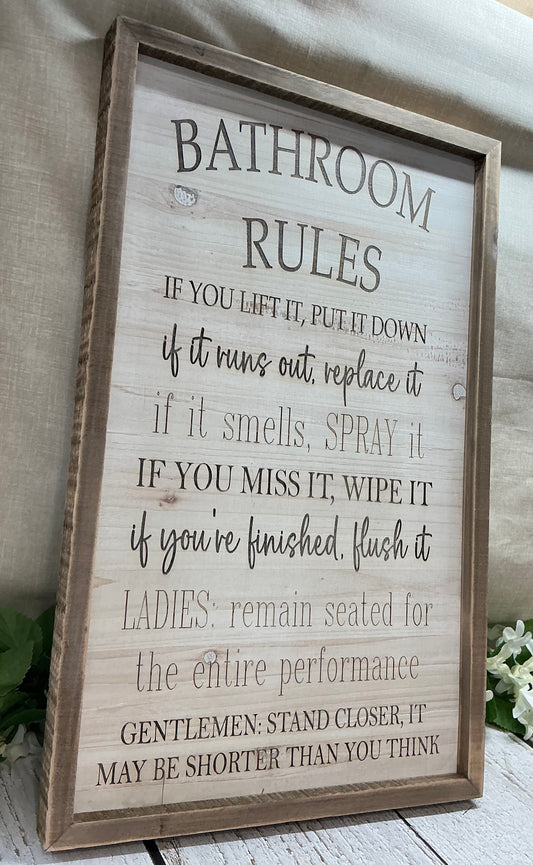 Wooden Framed Engraved Bathroom Rules Sign
