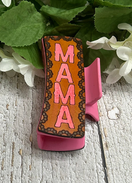Hot Pink Mama Engraved Handpainted Leather Hair Claw Clip - Large 4"