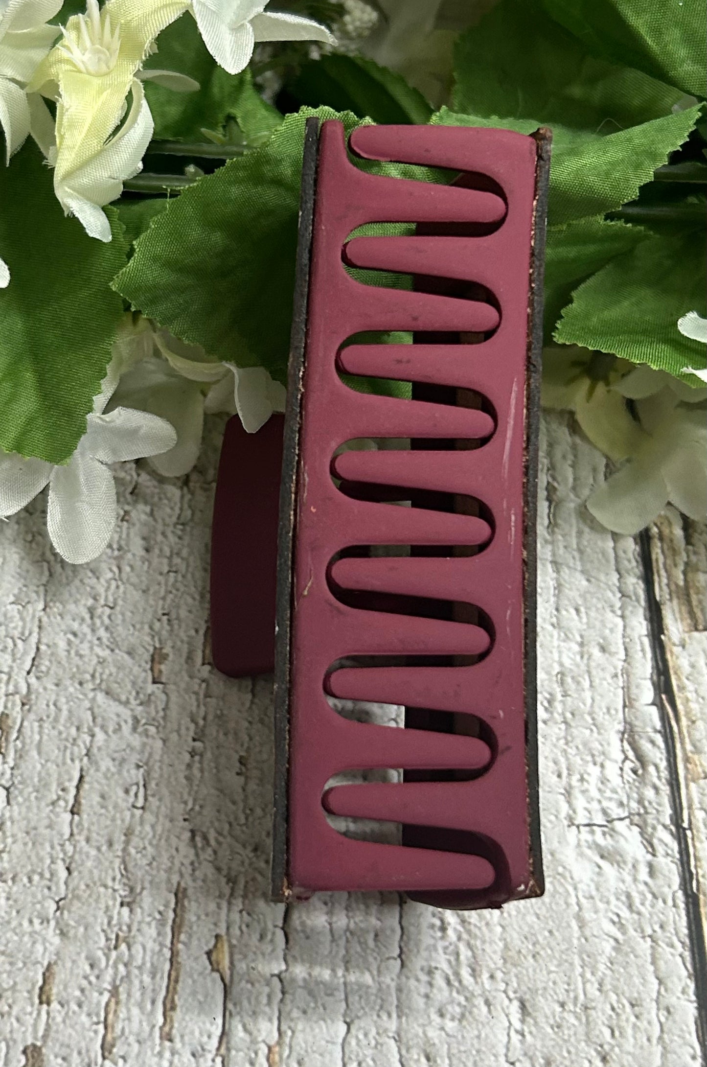 Burgundy White Chevron Hand Painted Leather Engraved Hair Claw Clip - Large 4"