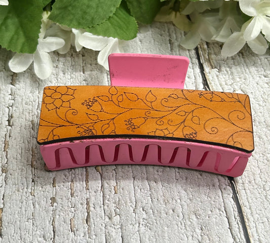 Floral Design Engraved Leather Pink Hair Claw Clip - Large 4"