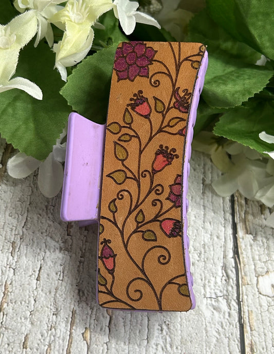 Pink and Purple Flowers Engraved Leather Hair Claw Clip - Large 4"