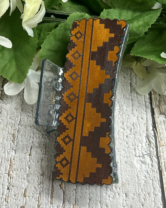 Boho Geometric Engraved Leather Clear Blue Hair Claw Clip - Large 4"