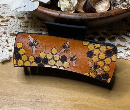 Honeycomb and Bee Engraved Hand Painted Claw Clip - Large 4"