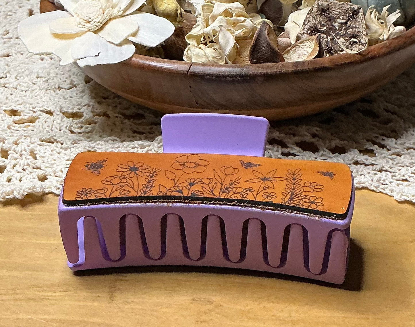 Floral and Bees Leather Engraved Claw Clip - Large 4"
