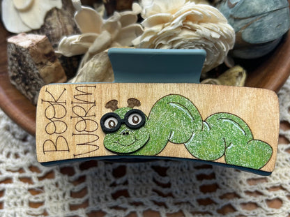 Wooden 3D Book Worm Hair Claw Clip – 4"