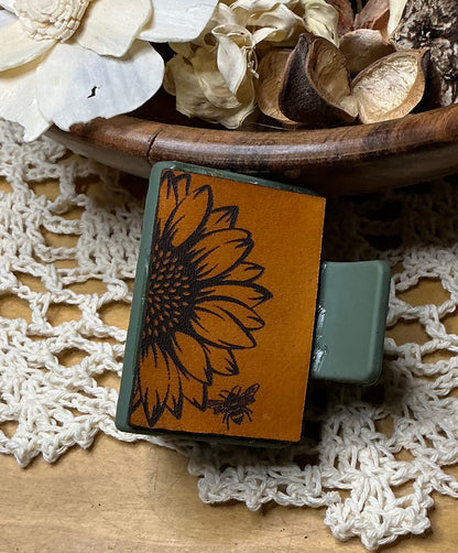 Sunflower and Bee Leather Hair Clip - Small 2"
