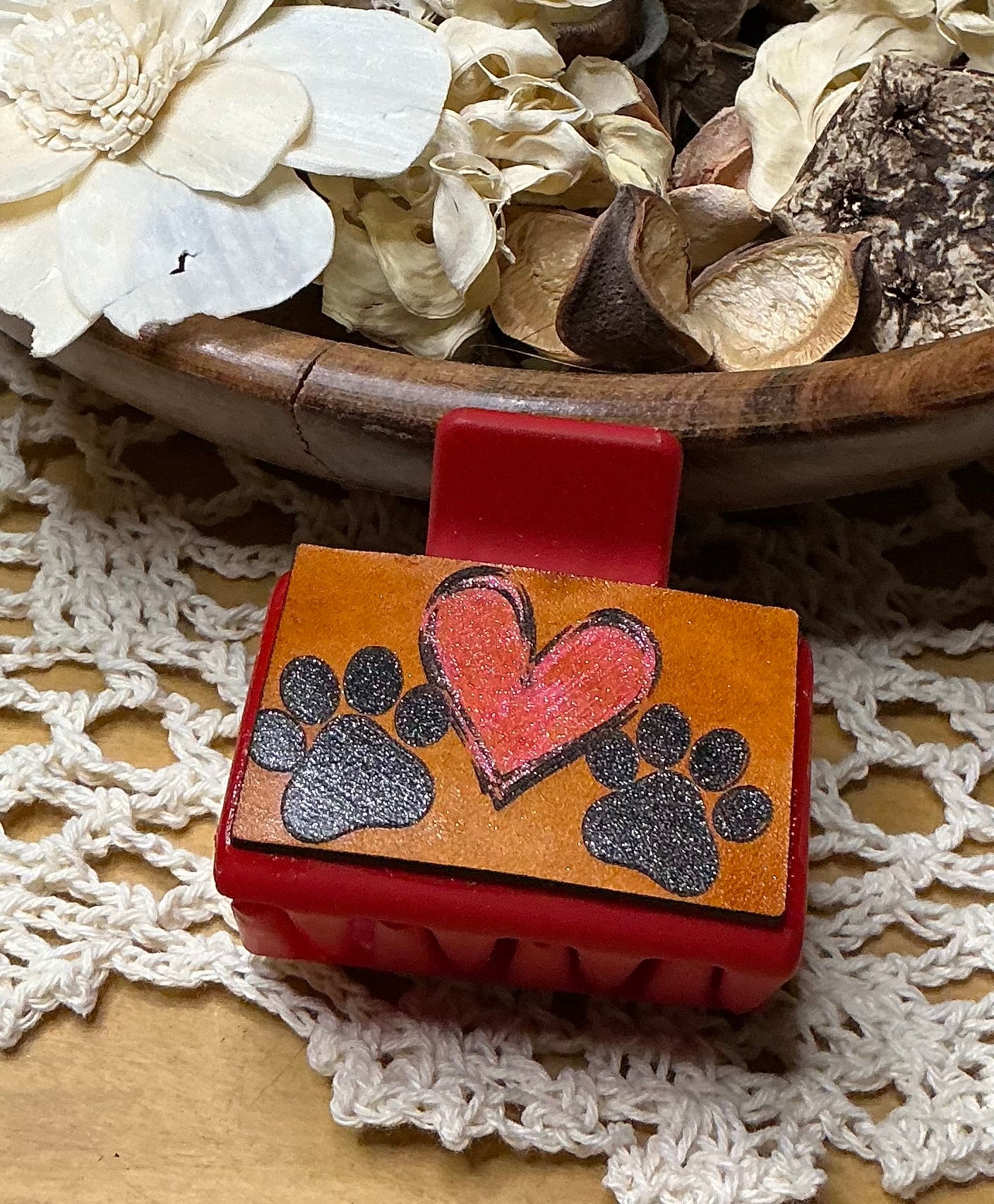 Heart and Paw Prints Engraved Leather Hand Painted Hair Clip - Small 2"