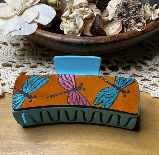Dragonfly Leather Engraved Hand Painted Claw Clip - Large 4"