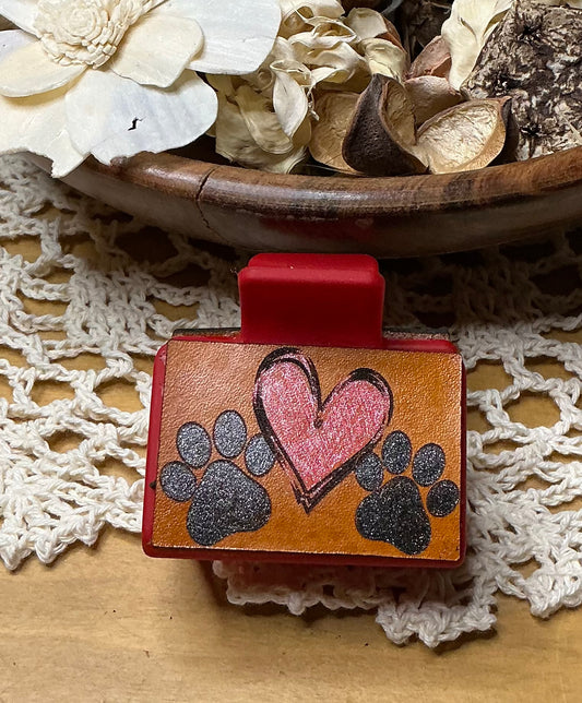 Heart and Paw Prints Engraved Leather Hand Painted Hair Clip - Small 2"
