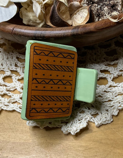 Geometric Leather Green Hair Clip - Small 2"