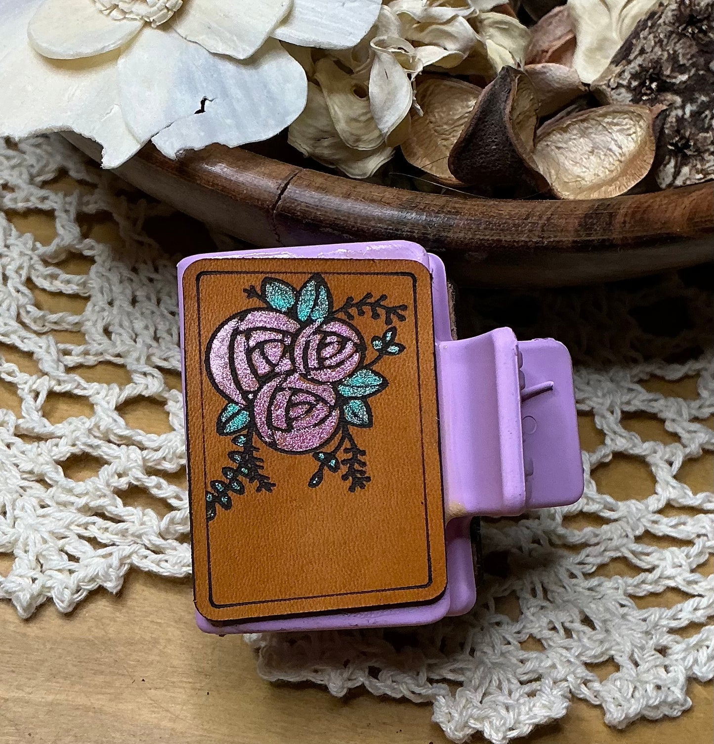 Pink Floral Leather Hair Clip - Small 2"