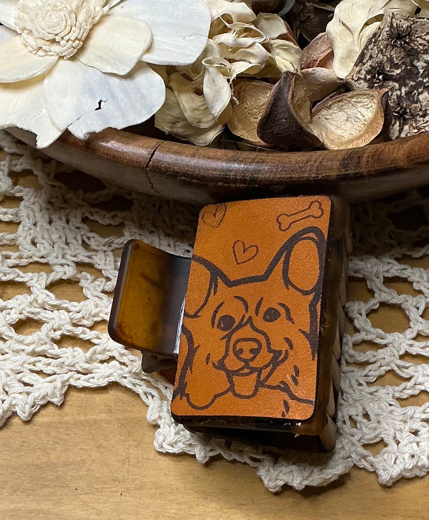 Corgi Dog Engraved Leather Hair Clip - Small 2"