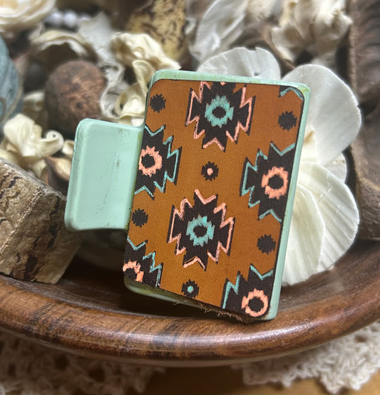 Boho Aztec Print Leather Hair Claw Clip – Small 2" Light Green