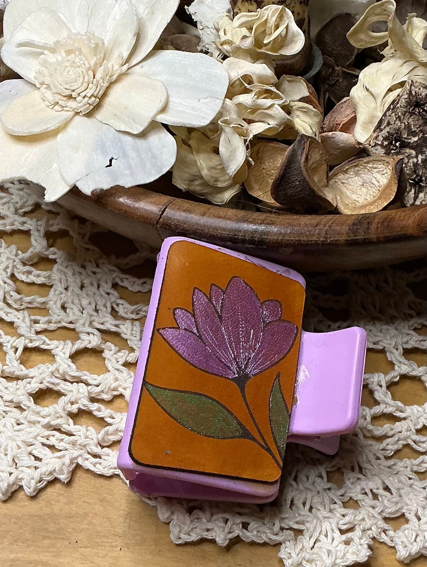 Pink Flower Engraved Leather Hair Clip - Small 2"