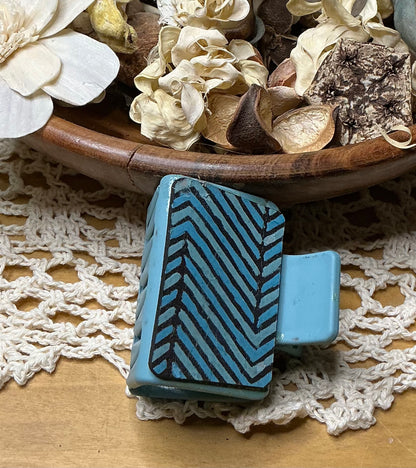 Blue Teal Geometric Engraved Leather Hand Painted Hair Clip - Small 2"