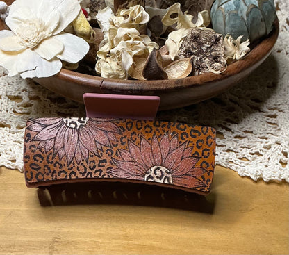 Sunflower and Cheetah Print Leather Engraved Hand Painted Claw Clip - Large 4"