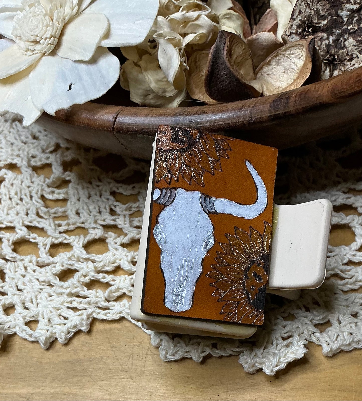 White Bull Skull and Sunflower Leather Hand Painted Hair Clip - Small 2"
