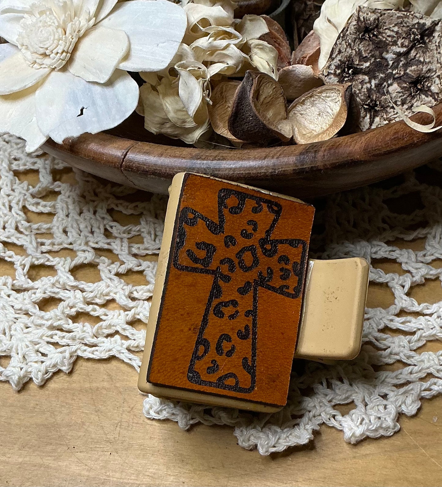 Cheetah Print Cross Engraved Leather Hair Clip - Small 2"